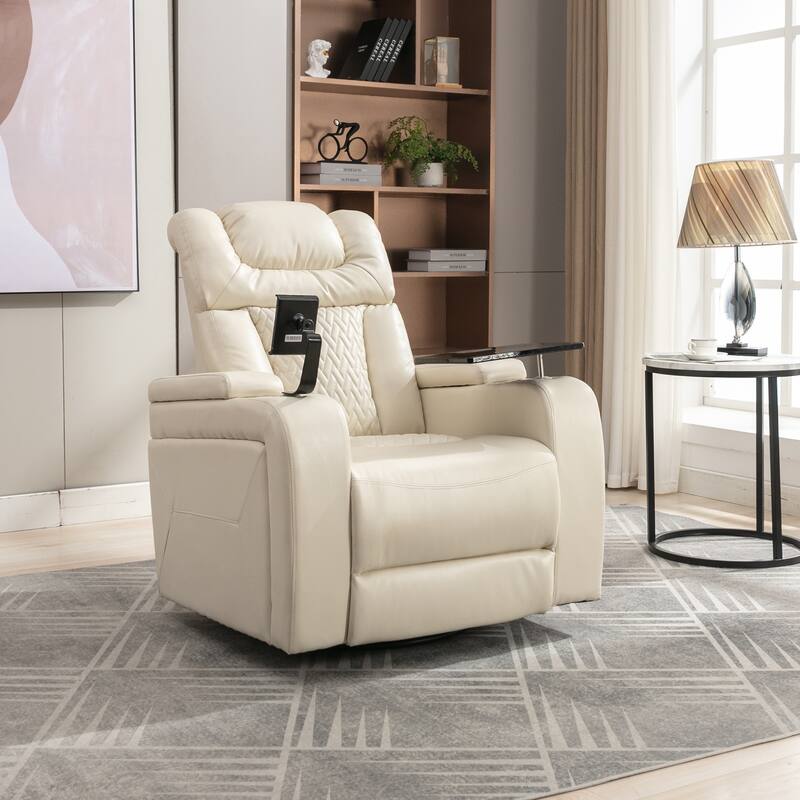 270° Swivel PU Leather Power Recliner with Phone Holder, Cup Holder, USB Port Home Theater Recliner for Living Room