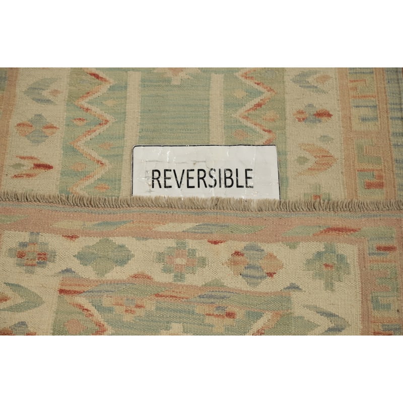 Hand Woven Oriental 100% Wool Carpet Southwestern Tribal Green Kilim Runner Rug - 9' 8'' X 2' 7''