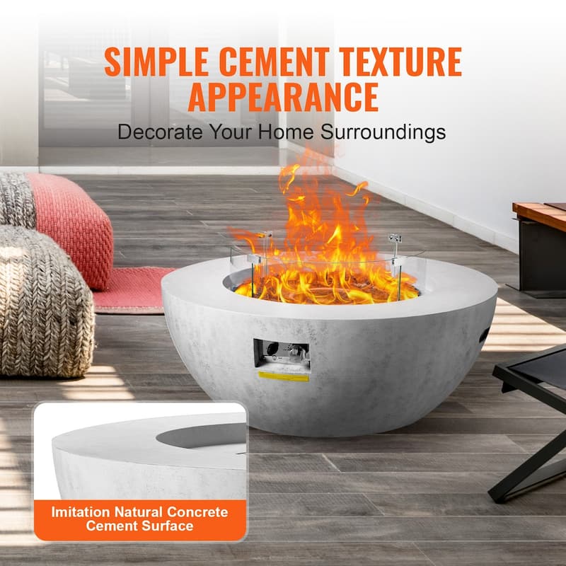 Grey Concrete Look Fire Pit Table with Glass Cover and Wheels - 39.37“x39.37”x20.59"