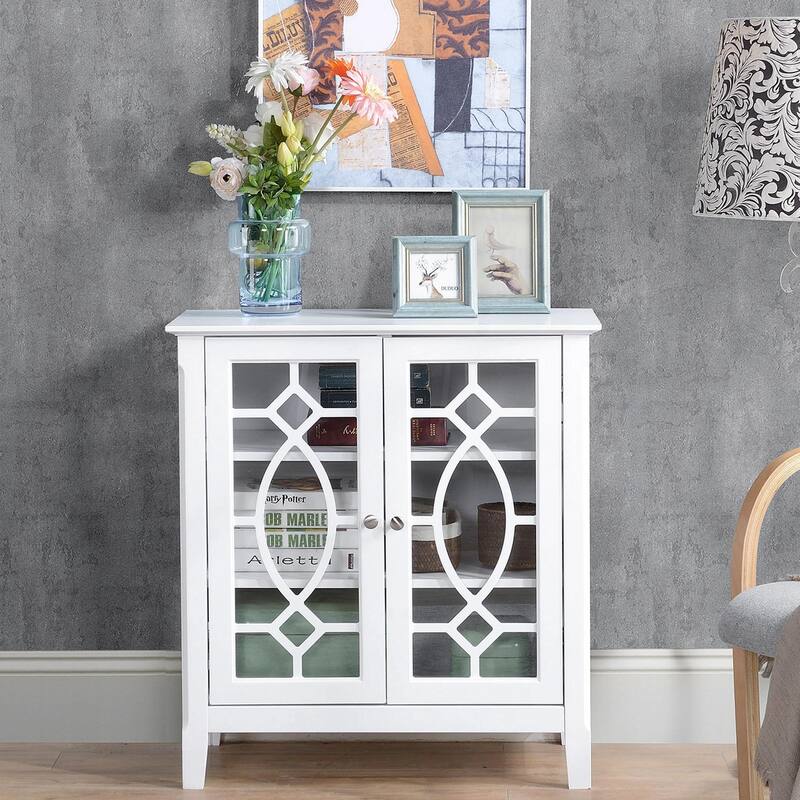 Sideboard Display Cabinet with double Glass Doors,2 Adjustable Shelves - White