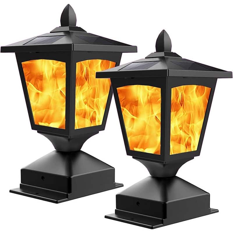 2-Pack Solar Post Cap Lights for 4x4 Fence Flickering Flame LED Waterproof Outdoor - N/A