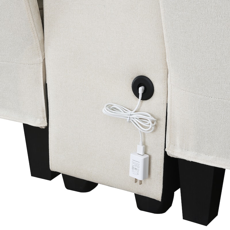 Modern 4-Seat Sofa with Console, Wireless Charging, 2 Cupholders, and 4 Pillows, Upholstered in Linen Fabric