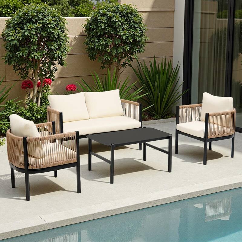 4-Piece Outdoor Patio Iron Conversation Sofa Set with Tempered Glass Coffee Table - Beige