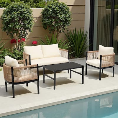 4-Piece Outdoor Patio Iron Conversation Sofa Set with Tempered Glass Coffee Table