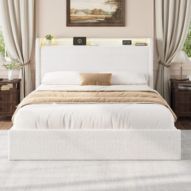 FullQueen Boucle Bed Frame with Storage Headboard, Upholstered Bed Frame with Charging Station, LED Lights, 4 Drawers