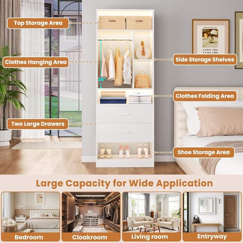 Kyrvo Freestanding 24" Closet System with 2 Wood Drawers,2FT Heavy Duty Walk-in Closet Organizer with 6 Shelves & Hanging Rod