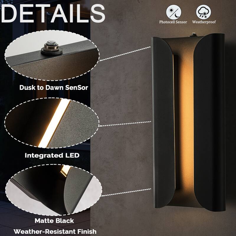 Matte Black Integrated LED Wall Sconce with Acrylic Shade Modern with Dusk to Dawn Sensor for Porch Garage（2 Pack) - W7''