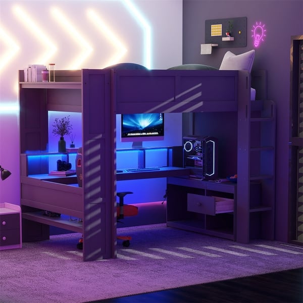 slide 2 of 26, Wood Twin/Full Size Gaming Loft Bed with Bulit-in Desk and Multi-storage Shelves, Kids Loft Bedframe with LED & Charging Station Full