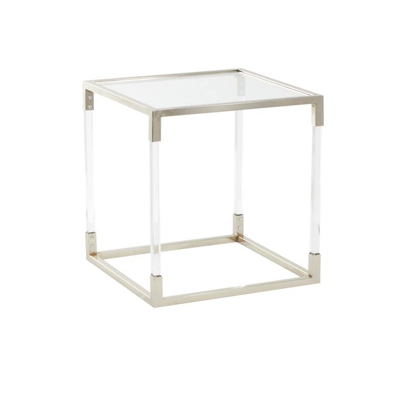 Silver Metal Cube Shaped Side End Accent Table with Clear Glass Top and Acrylic Legs