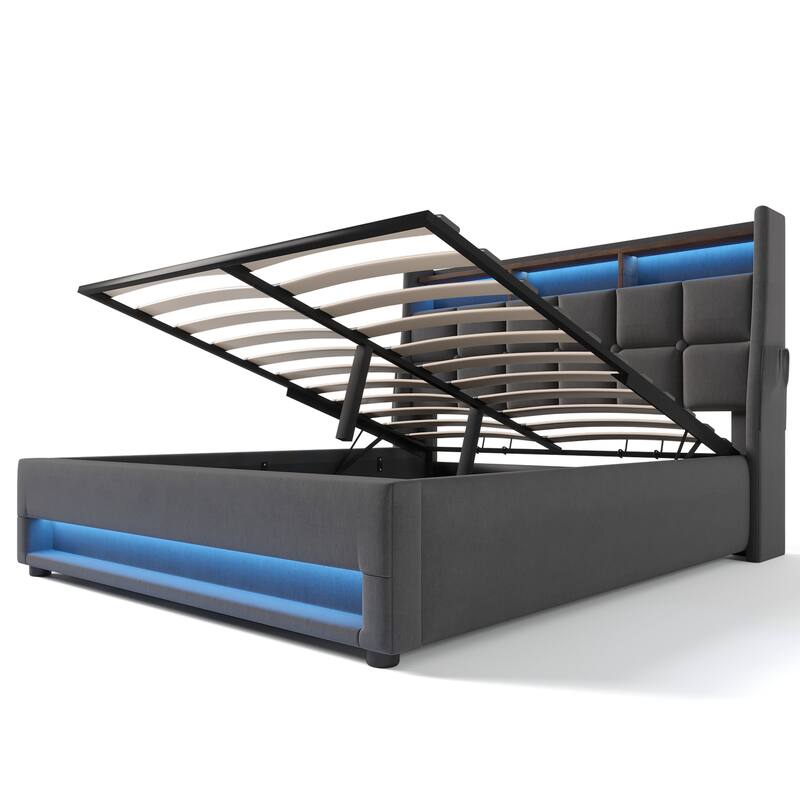 Queen Size Upholstered Bed with Hydraulic Storage, LED, and USB Charging