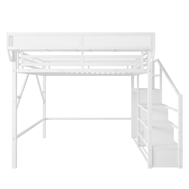 Metal White Queen Loft Bed w/ Stairs Storage Shelves & Wardrobe