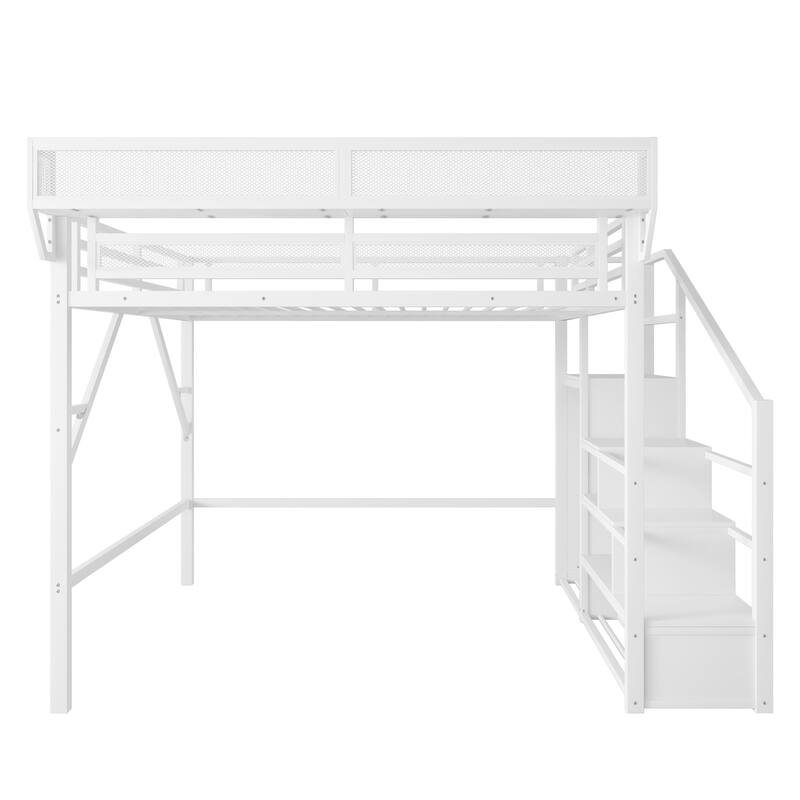 Queen Size Metal Loft Bed with Stairs, Storage Shelves, and Wardrobe for Kids and Teens