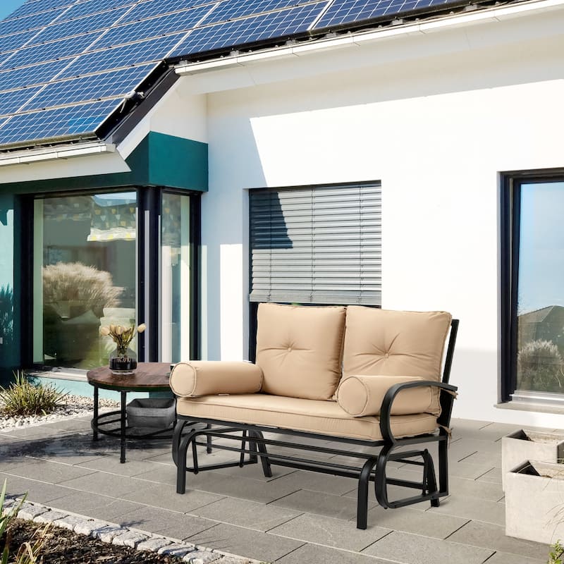 Outsunny 2-Person Outdoor Glider Bench, Patio Double Rocking Swing Loveseat with Steel Frame and Cushions - Khaki