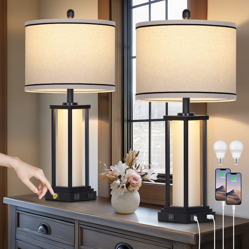 27'' Industrial Table Lamp with USB-C & AC Outlet, Dual Lighting, Black Metal & Glass Frame(Set of 2) - 12.5'' x 12.5'' x 27''
