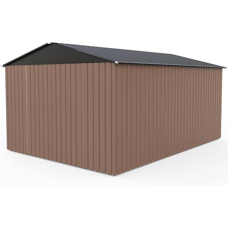 8x12FT Metal Outdoor Storage Shed with Lockable Door, Sloped Roof Steel Tool Shed - Brown