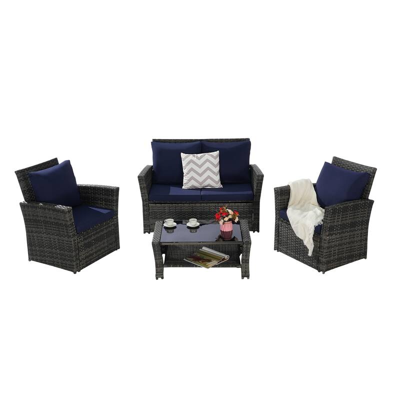 4-Piece Outdoor Patio Rattan Conversation Sofa Set with Tempered Glass Coffee Table