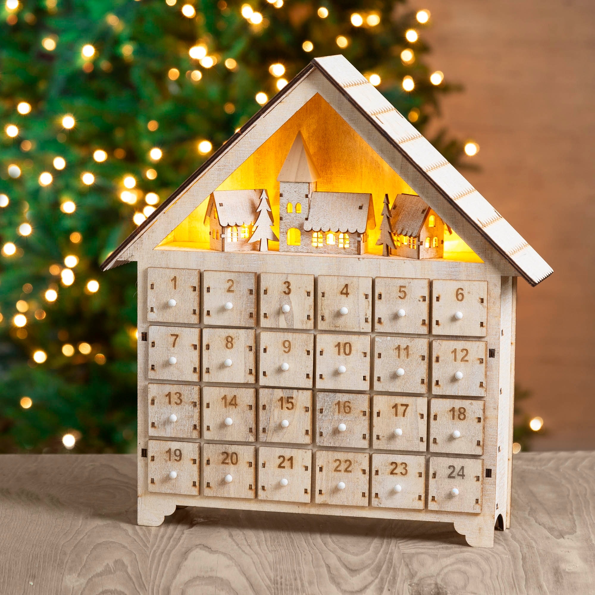 Glitzhome Christmas Wooden LED Farmhouse Countdown Advent Calendar with Drawer
