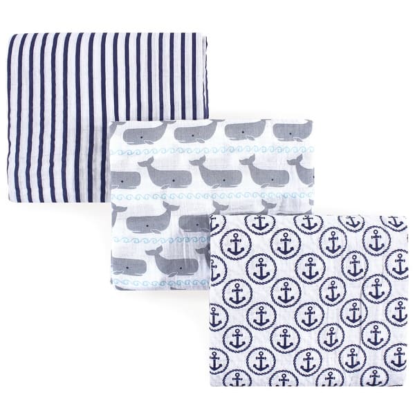 slide 1 of 1, Hudson Baby Infant Boy Cotton Muslin Swaddle Blankets, Whale, One Size - Whale - 3-Pack 3-Pack - Whale