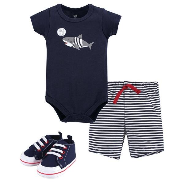 slide 1 of 1, Hudson Baby Infant Boy Cotton Bodysuit, Shorts and Shoe 3pc Set, Blue Shark 0-3 Months - Blue Shark