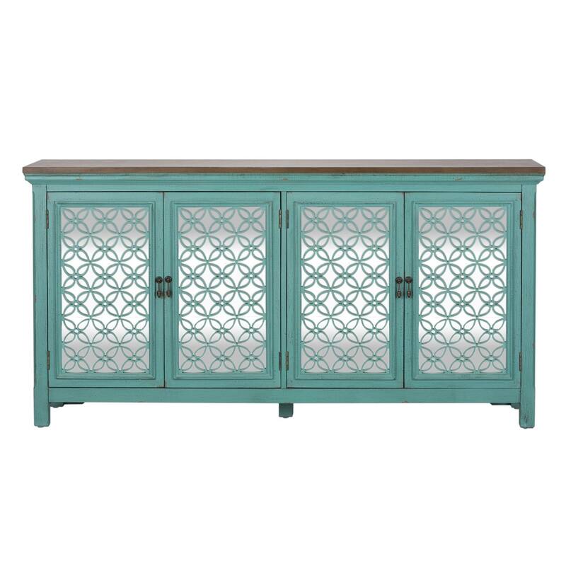 Kensington Turquoise W/ Worn Wood Tone Top 4 Door Accent Cabinet