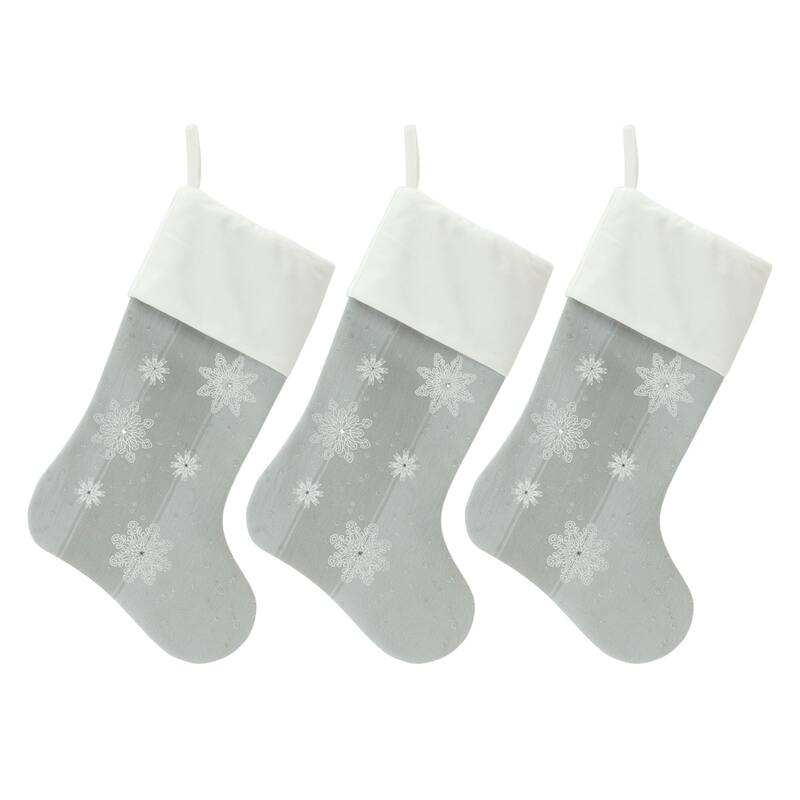 Set of 3 Gray and White Snowflake Christmas Stockings 18.25"