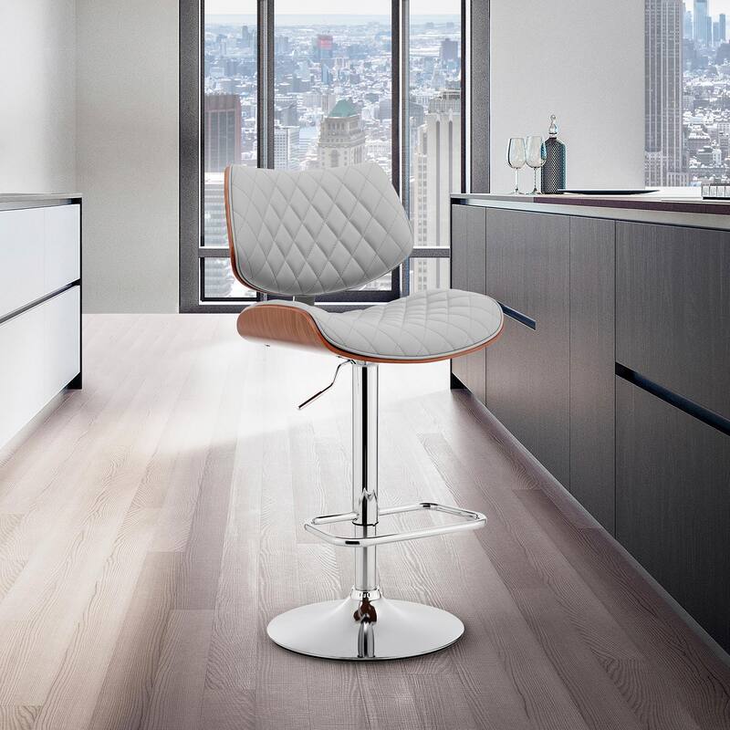 Leland Adjustable Faux Leather and Metal Bar Stool - Gray, Walnut and Chrome