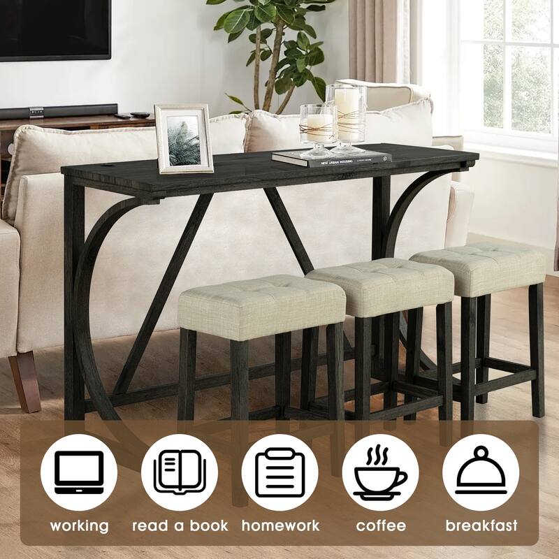 Brown Kitchen Counter Height Dining Table Set with 3 Upholstered Stools