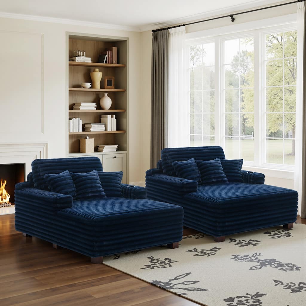 53"W Oversized Plush Fur-Like Chaise Lounge Sofa with Cup Holder