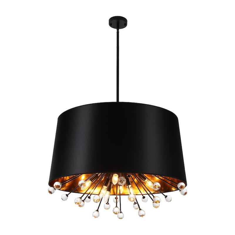 Statement Luxury Crystal Wide Black Fabric Drum Lantern Chandelier - 30.7 in