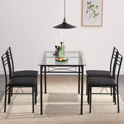 VECELO Modern 5-piece Tempered Glass Top and Steel Dining Set