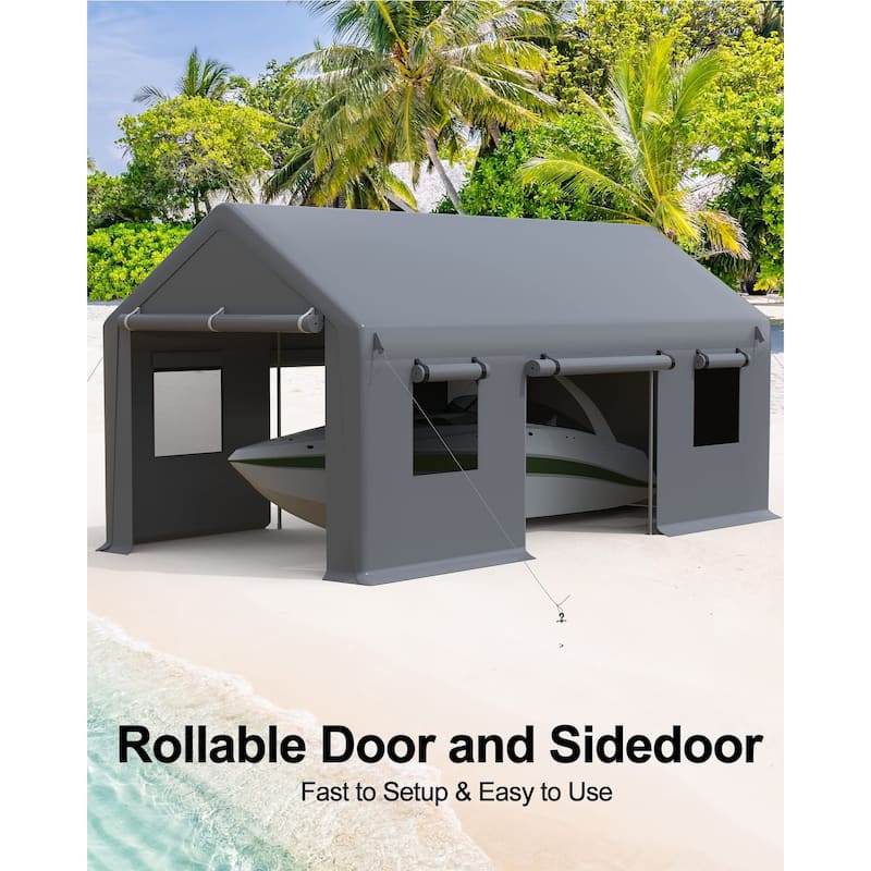 Carport10'x20'Portable Garage,4 Roll-up Doors 4 Windows，Gray
