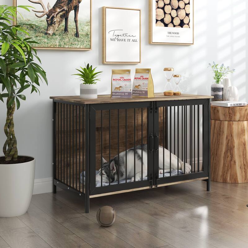 Wooden Dog Crate Furniture Large/Medium Dog,Dog Kennel Furniture Large Breed,Indoor Dog Cage Furniture Style with 2 Doors