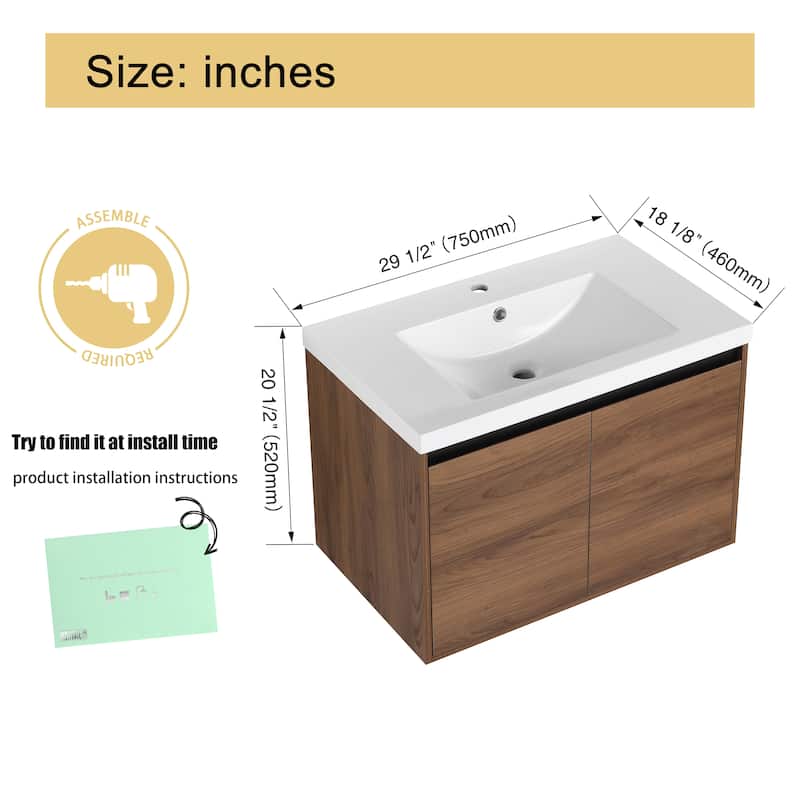 Malwee 30"/36" Floating Bathroom Vanity, Wall Mounted Bathroom Vanity with Sink and Soft Close Doors