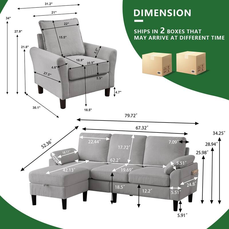 3 Pieces Corduroy Living Room Set with Sectional Sofa, Storage Ottoman and Chair