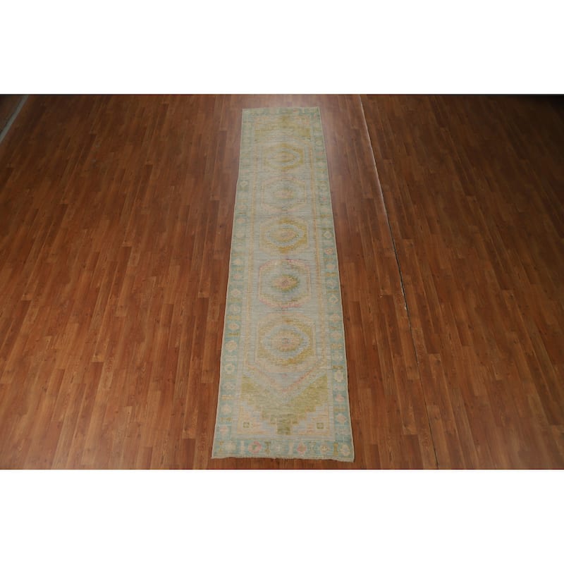 Hand Knotted Oriental 100% Wool Carpet Transitional Geometric Navy Blue & Blues Oushak Runner Rug - 11' 6'' X 2' 9''