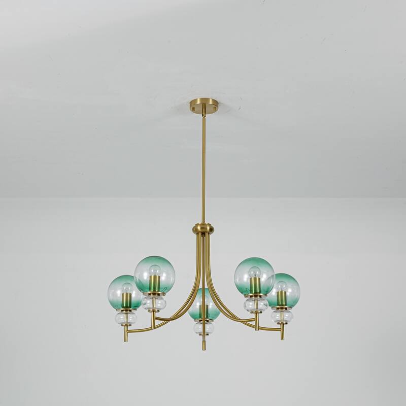 5-Light Mid-Century Modern Luxury Green Sputnik with Open/Bubble Glass Globe Shades Chandelier for Dining Room, Living Room