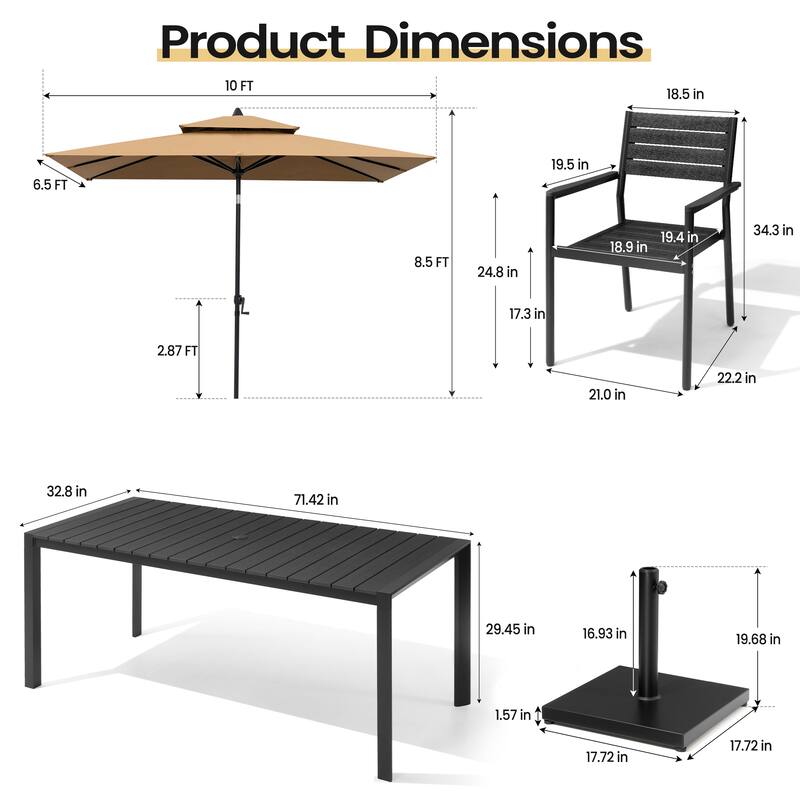 9-Piece Outdoor Patio Dining Set Wood Like Aluminum Umbrella Hole Table with Stackable Armchairs, Market Umbrella and Base