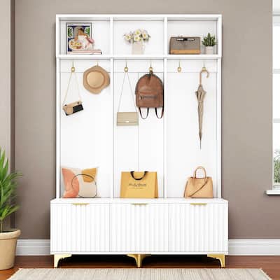 Modern Hall Tree with High Gloss Fluted Doors, Bench, 6 Gold Hooks, Metal Legs, Entryway Organizer 49.6 x 15.7 x 75.4 in