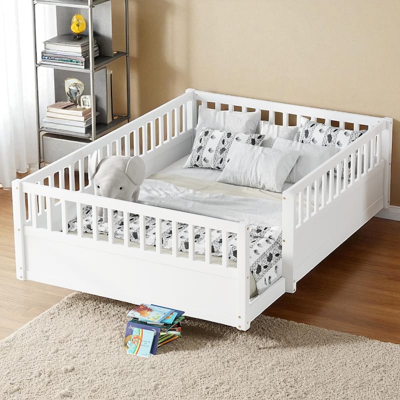 Twin/Full Montessori Floor Bed with High Fence & Open Door, Solid Pine, Playroom/Bedroom, No Box Spring - White - Full