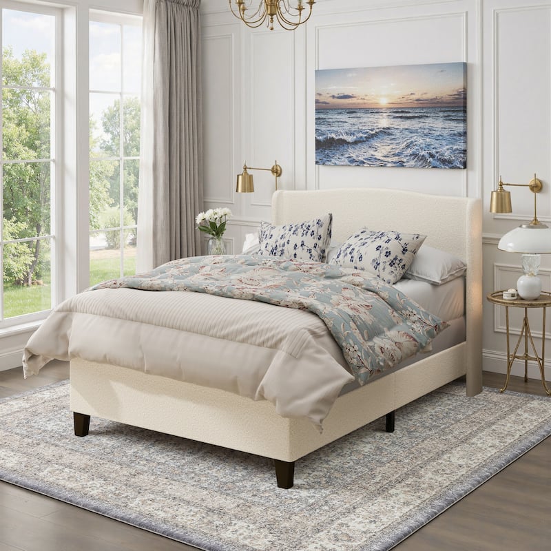 GDFStudio - Jane 49.21" High Back Upholstered Headboard Bed Frame with High Footboard - Ivory White - Queen