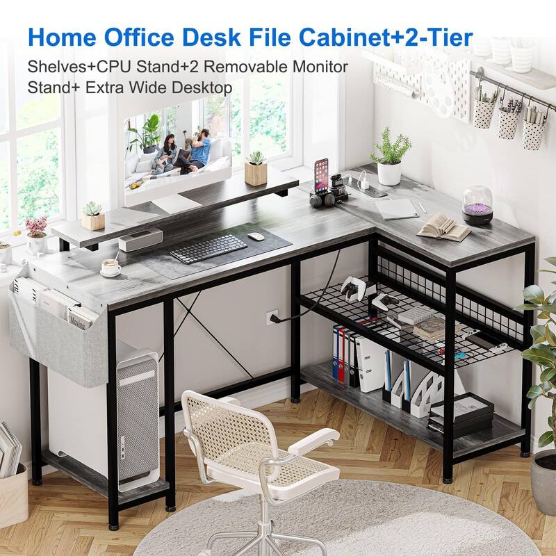 L Shaped Computer Desk with Power Outlets & LED Light - Grey