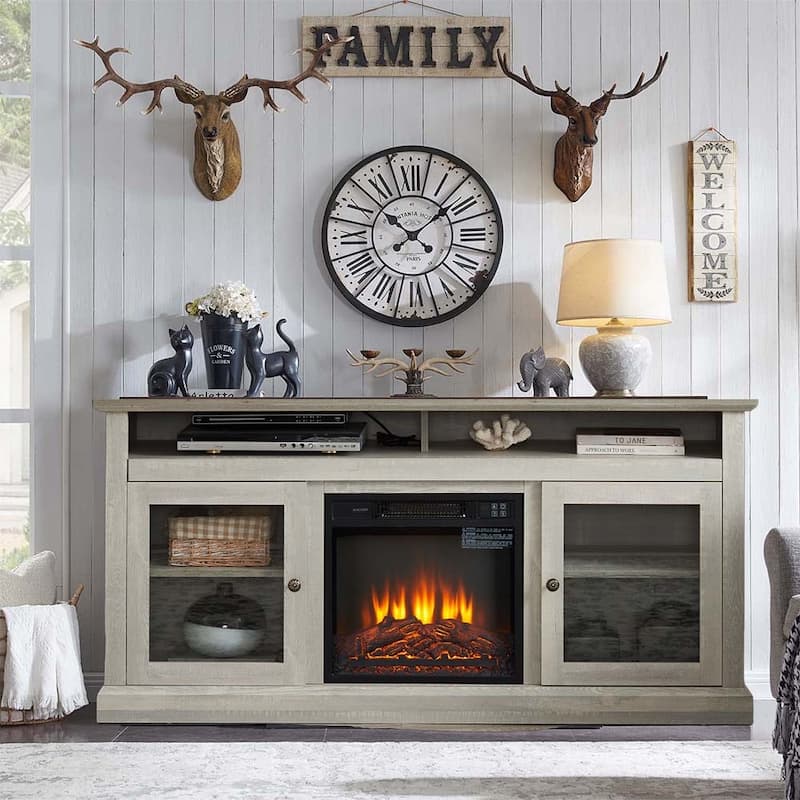 60"W Retro Electric Fireplace TV Stand, Adjustable Shelves&Cabinets - 60"W*15.75"D*29"H