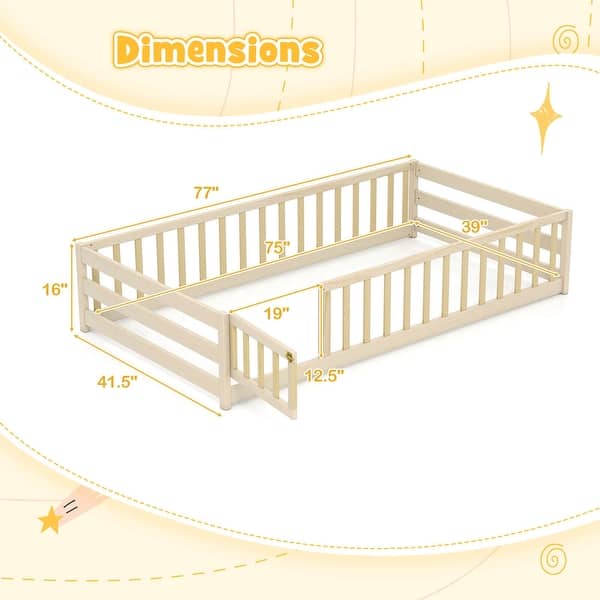 dimension image slide 0 of 4, Costway Twin Size Floor Bed with Door & Fence with Safety Guardrails &