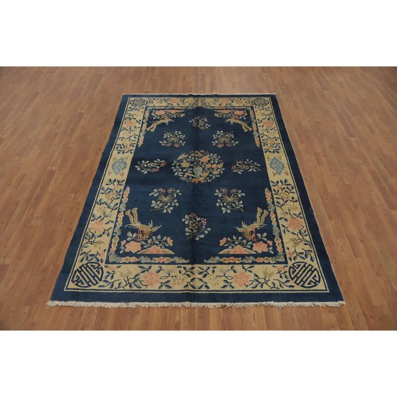 Hand Knotted Oriental 100% Wool Carpet Traditional Floral Navy Blue & Blues Art Deco Area Rug - 8' 9'' X 5' 10''