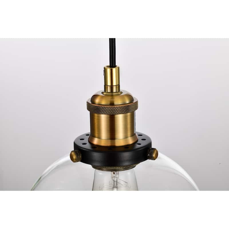 Black and Antique Brass 1-Light Mini Pendant with Clear Globe Glass Shade - Black and Antique Brass