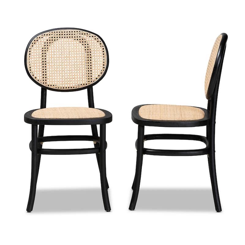 Garold Mid-Century Modern Woven Rattan and Wood Dining Chair Set(2PC)