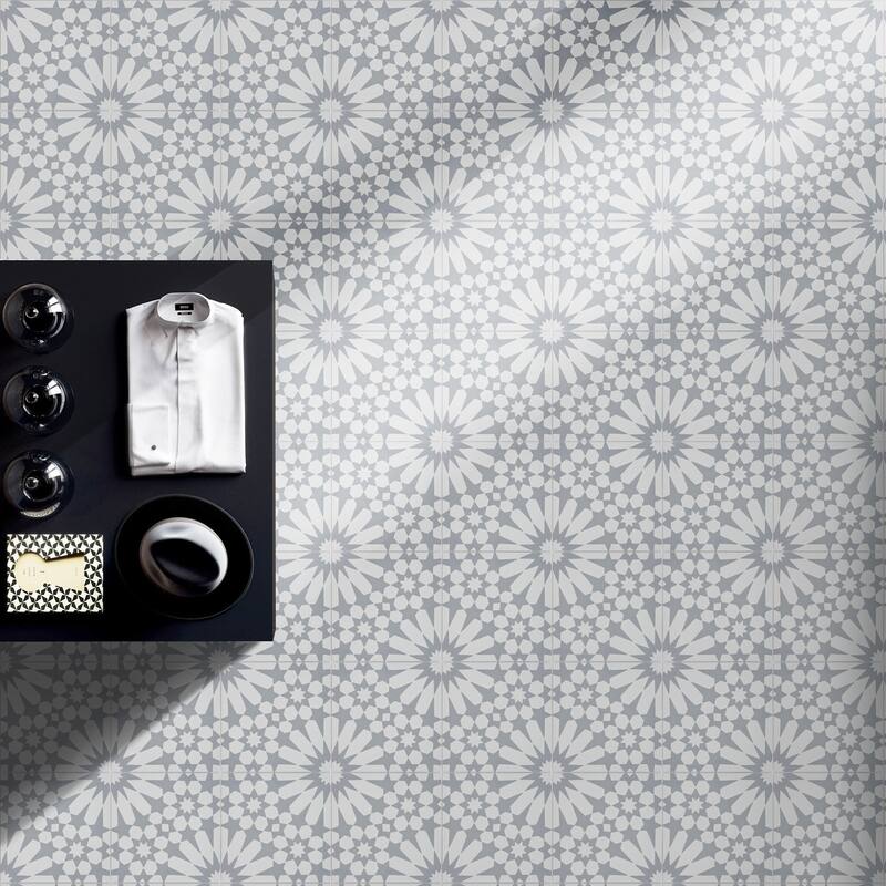 Agdal Handmade Cement Tile, 8x8, White-Grey