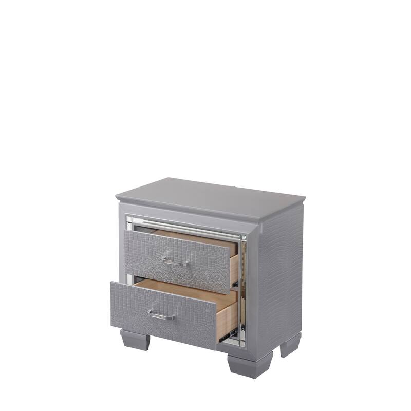 1pc Modern Two Drawer LED Lights Beveled Mirror Accents Chrome Finish Hardware Faux Crystal Accent Silver Finish