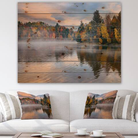 Designart 'Autumn Foliage By The Lakeside' Traditional Print on Natural Pine Wood