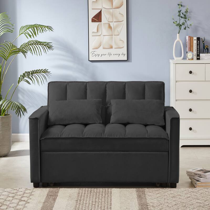 Velvet Loveseat Convertible Pull-out Sleeper Sofa Bed, Tufted Futon Sofa with Adjustable Backrest and 2 Pillows, Pockets